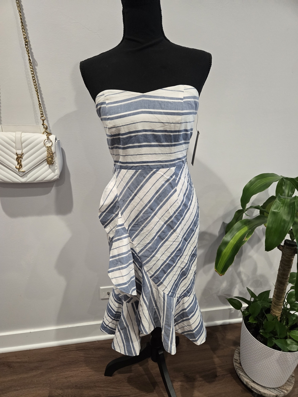 Lulu's Strapless Blue and White Striped Ruffle Midi Dress